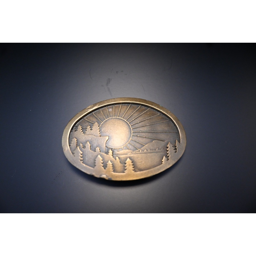 Vintage 1977 Indiana Metal Craft Brass Belt Buckle Deer Forest Scene